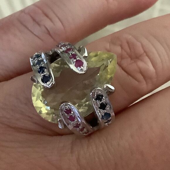 sterling SILVER 925 CITRINE/RUBY/BLUE SAPPHIRE WOMAN RING SIZE US 7.5 - Picture 13 of 13